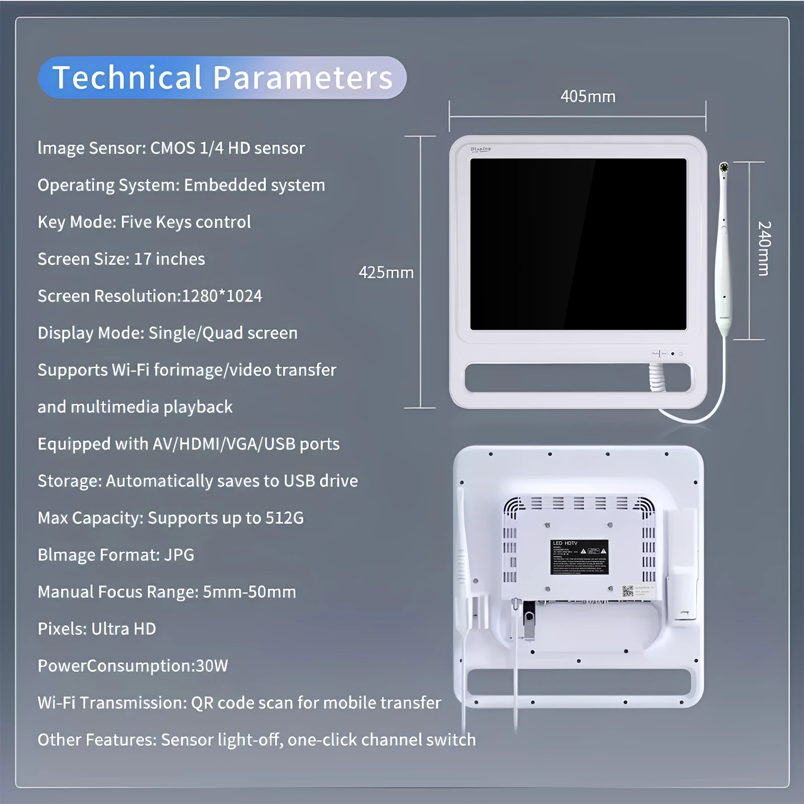 Wireless WiFi HD Dental Intraoral Camera 8 LED Macro Lens + 17 Inch LCD Screen Monitor Chair Side
