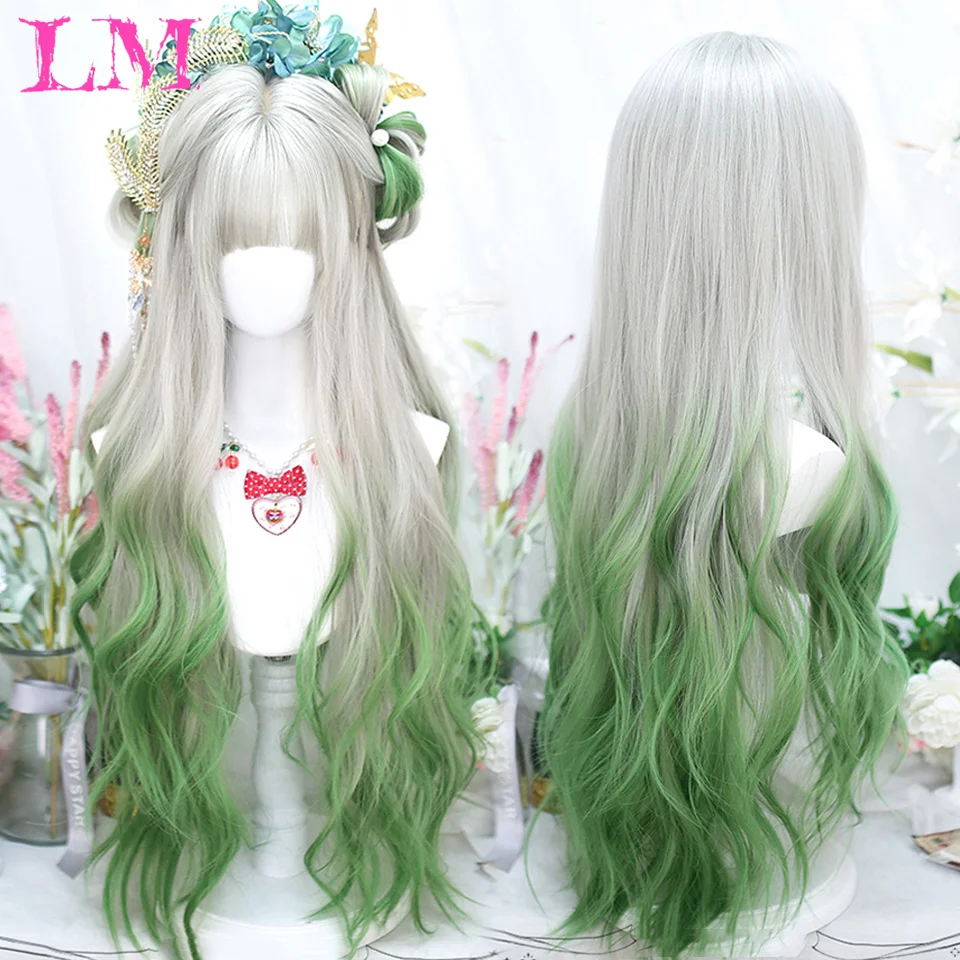 

LM серебристые, белые, градиентные, зеленые синтетические парики с челкой для женщин, длинные волнистые волосы, натуральный, для косплея, вечерние, термостойкий