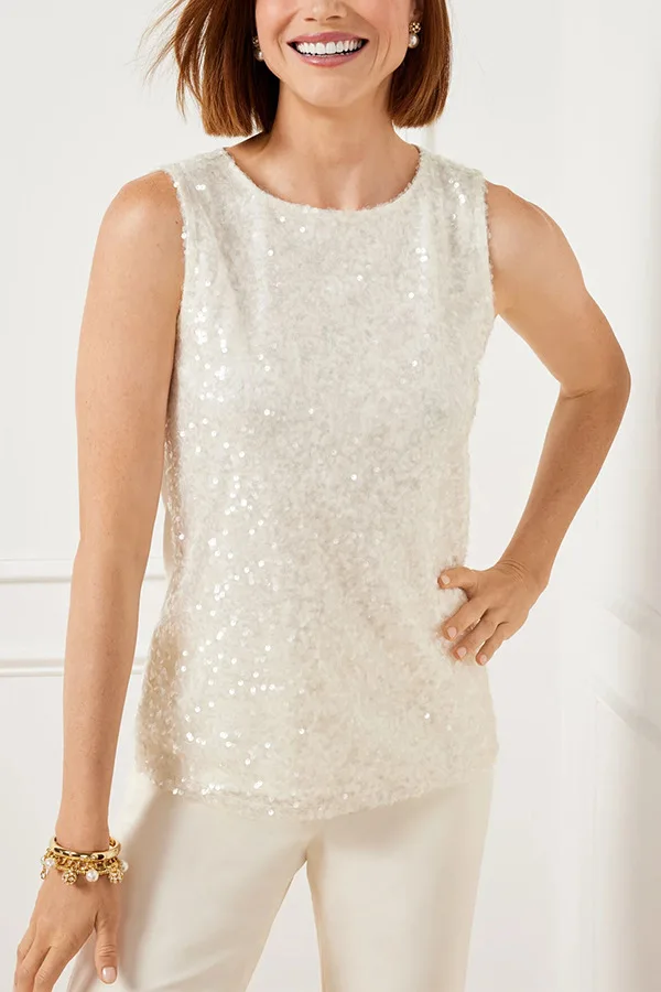 Women’s sleeveless sequined Y2K tank top – white sexy nightclub vest for women white 02