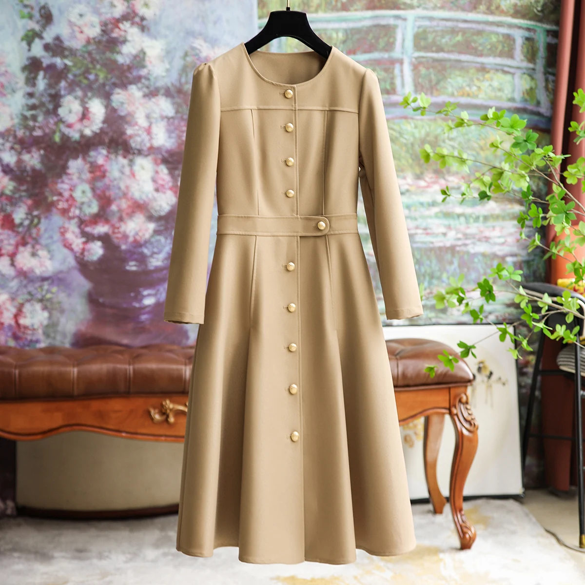 

2023 Autumn New Temperament Waist Dress Solid Color Single-breasted Commuter Versatile Long-sleeved Dress Elegant Fashion