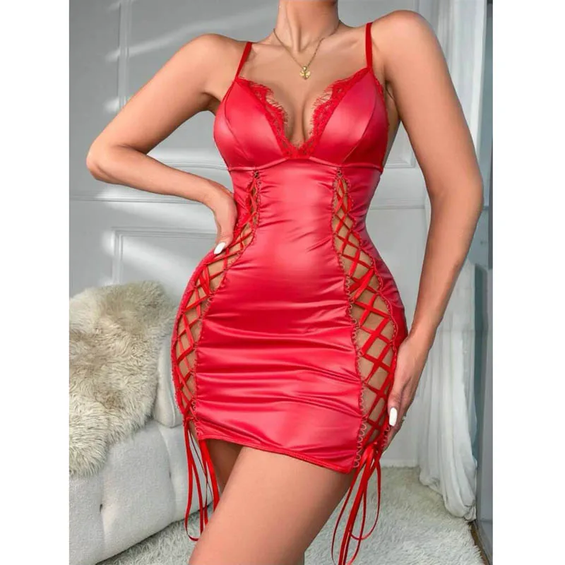 

Sexy Cross Strap Wrapped Hip Dress PU Sling Mini Dress for Women Erotic Apparels with Thong