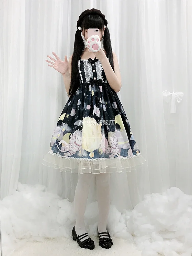 Summer Lolita Strap Dress Vintage Bowknot Cute Printing High Waist Princess Victorian Dress Kawaii Girl Gothic Lolita Cos Loli