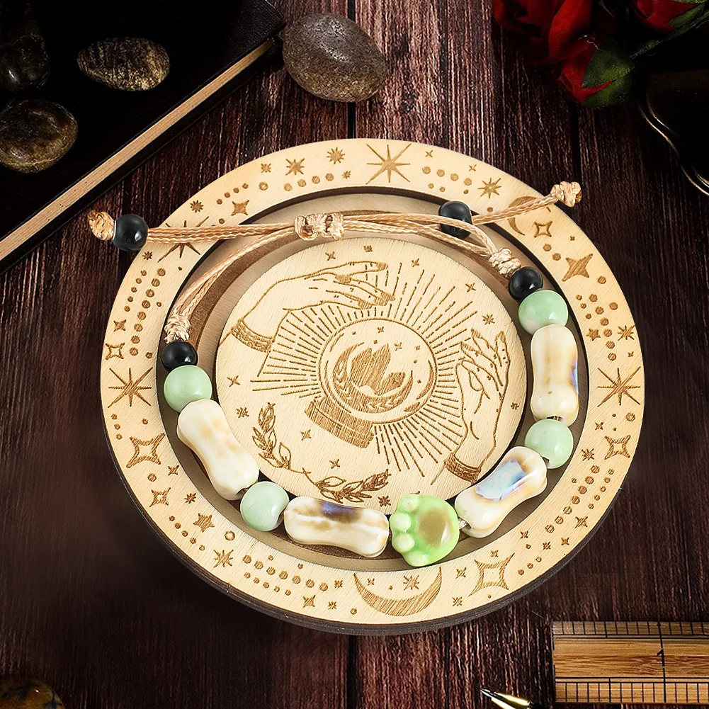 Wooden Bangle Plate Bracelet Holder Tray Laser Engrave Sun Moon Star Crystal Energy Pad Jewelry Storage Display Box Plate wooden divination pendulum board star of david divination energy carven message plate healing meditation board altar ornaments