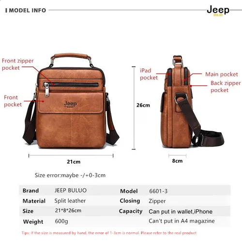 JEEP BULUO-분할 가죽 크로스 바디 숄더 백 남성용, 패션 비즈니스 메신저 백, 고품질 토트 백 2