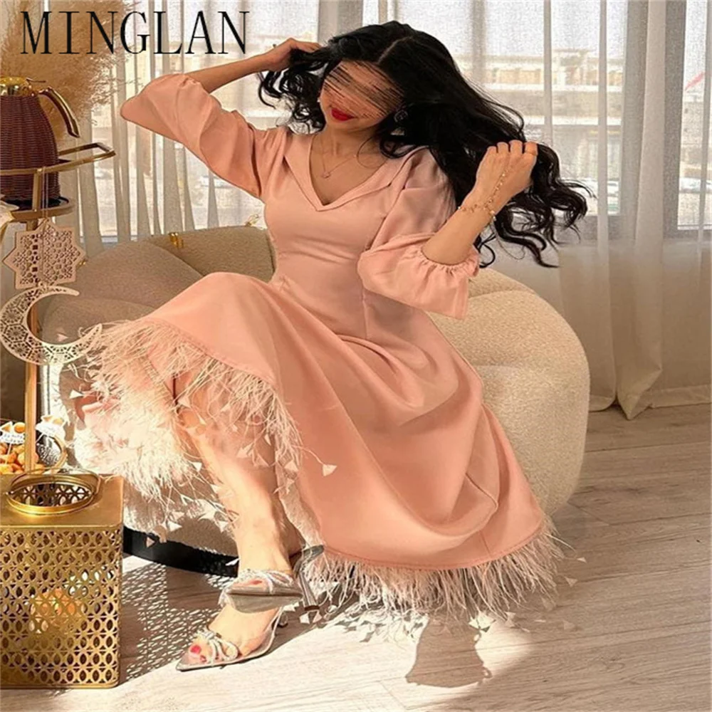 

MINGLAN Fashion V Neck Three Quarter A Line Long Prom Dress Feather Tea Length Formal Evening Gown New 2023 فساتين مناسبة رسمية