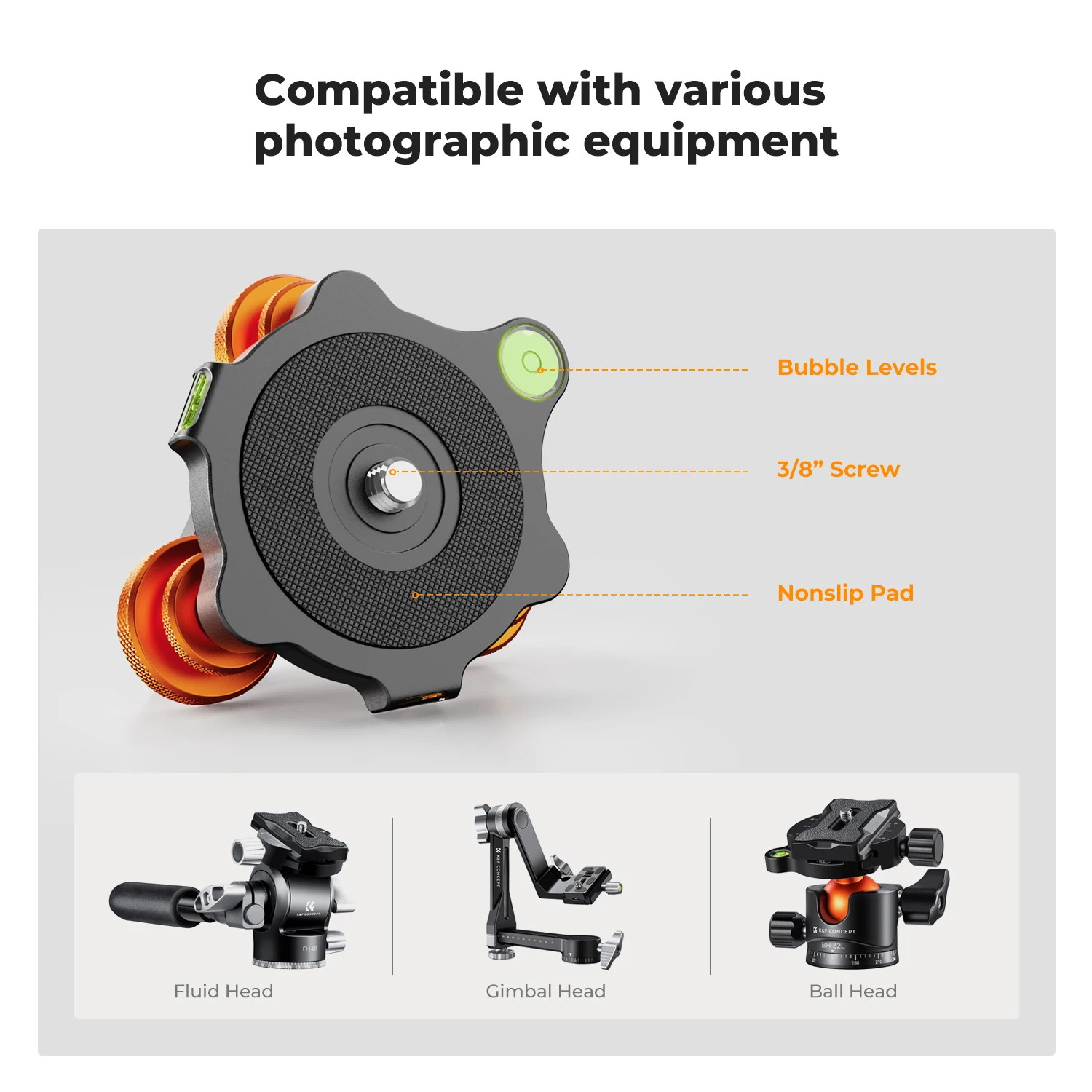 K&F Concept Camera Tri-Wheel Heads Macro Photography Aluminum Bubble Leveler Tripod Ball Head 3 Axis Level Adjustable