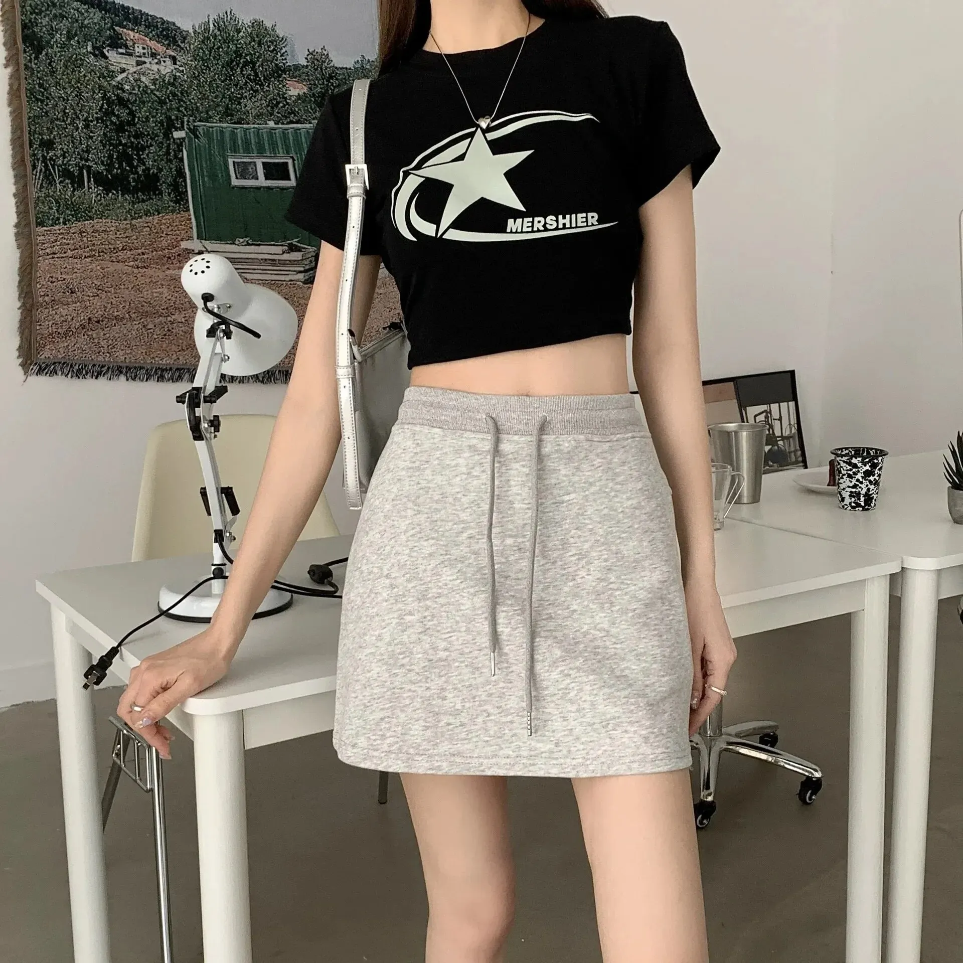 여성용 하이 웨이스트 미니 원피스, 그레이 캐주얼, 작은 A라인 스커트, 드로스트링 웨이스트, 여름 새로운 스타일