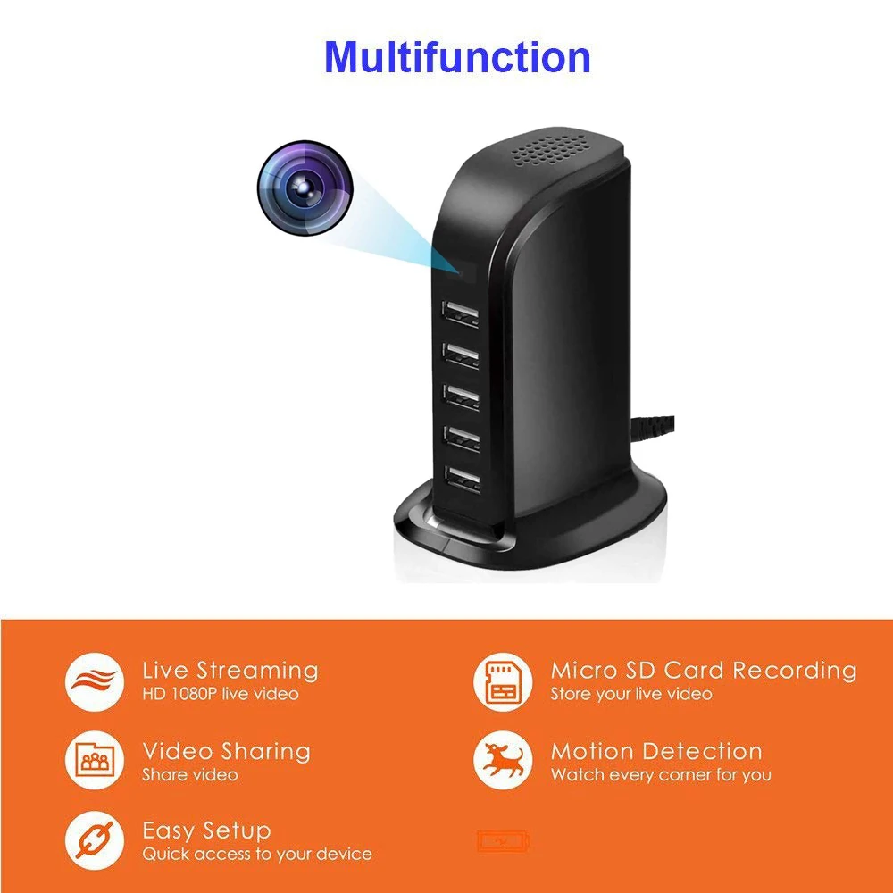 The SpyCam Charger Hub, featuring five USB ports, offers a multifunction hidden HD spy camera with capabilities such as live streaming, video sharing, easy setup, micro SD card recording, and motion detection—all showcased on a white and orange background.