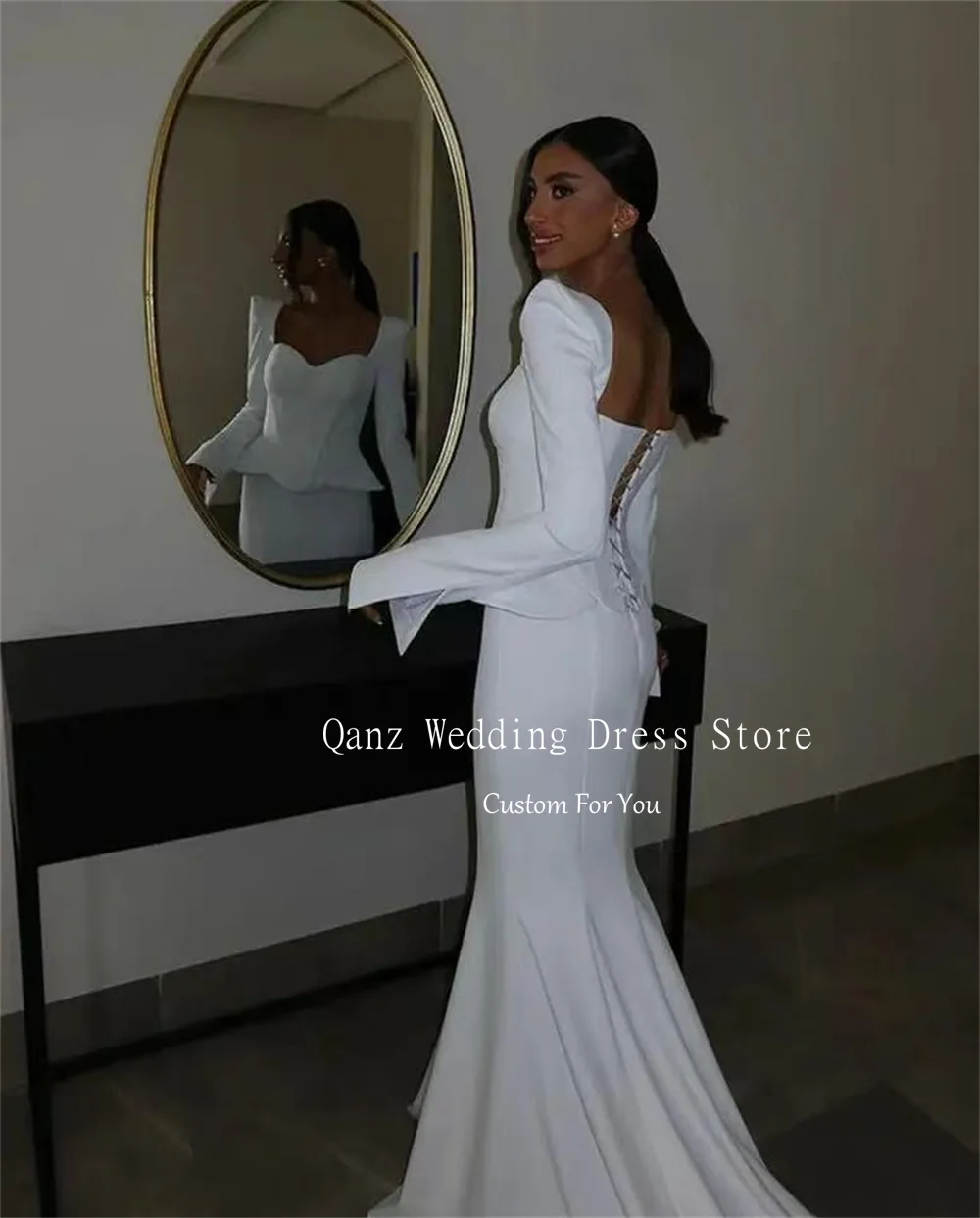 Qanz White Sheath Wedding Dresses Sweetheart Satin Long Sleeves Vestidos De Novia Boda Mermaid Corset Bridal Gowns Customized