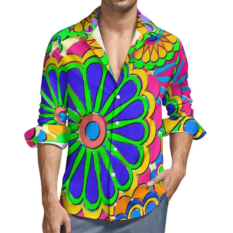 

Рубашка Y2k мужская с длинным рукавом, модная блузка с цветным цветочным 3D-принтом, с графическим принтом в этническом стиле, винтажная одежда, весна