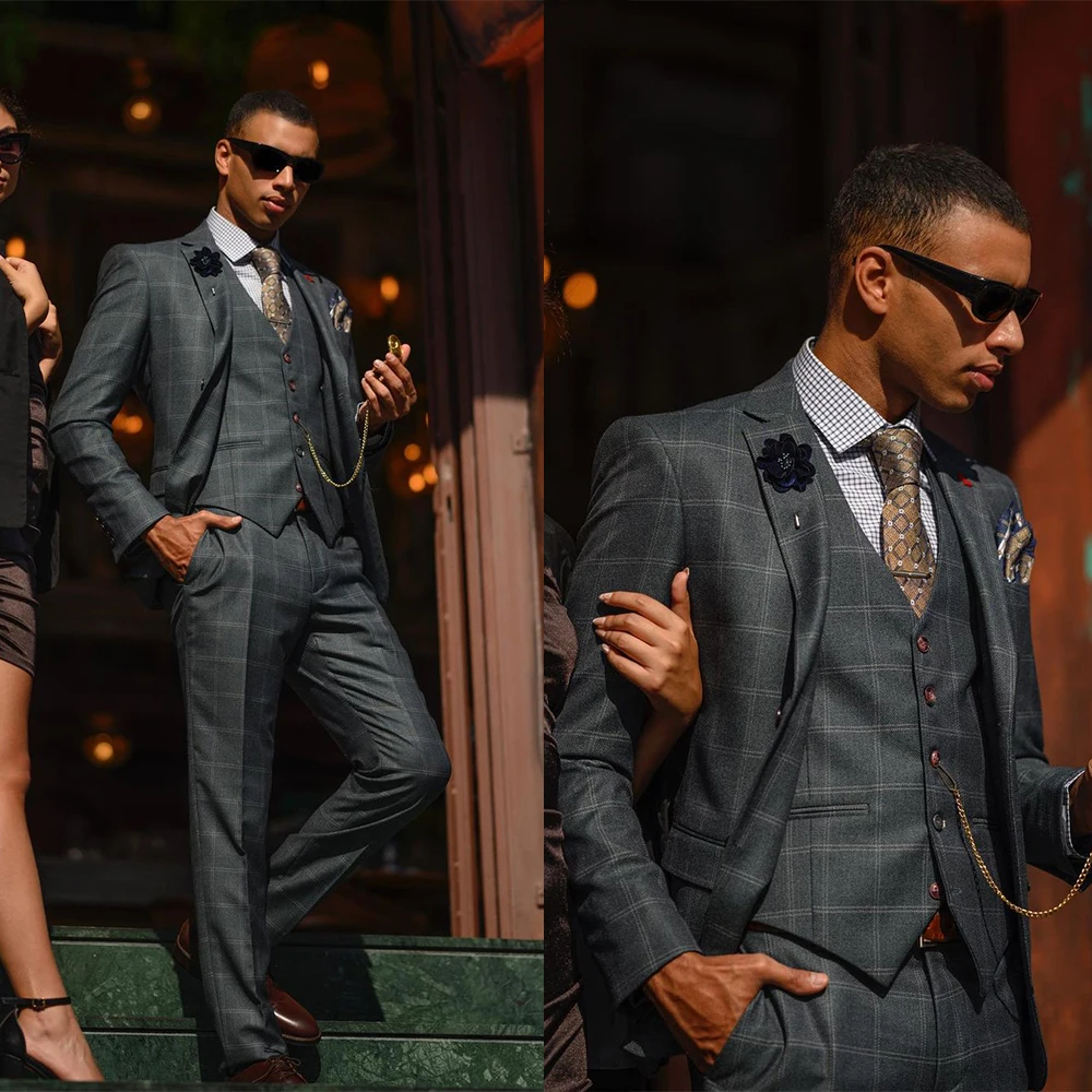 

Dark Gray Plaid Men Suit Tailor-Made 3 Pieces Single Breasted Modern Fashion Wedding Business Causal Prom Coat+Pants Tailored