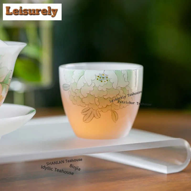 55ML Hand-painted Peony White Jade Clay Teacup Ancient Tea Bowl Cute Cup Tea-tasting Fragrance Cup Jianzhan Master Cups Teaset