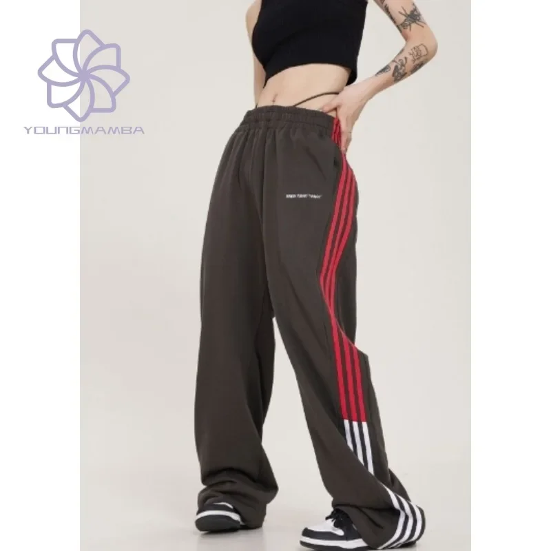 

American Retro Patchwork Striped Sports Pants for Women Korean Fashion Straight Legs Wide Legs Casual Pants
