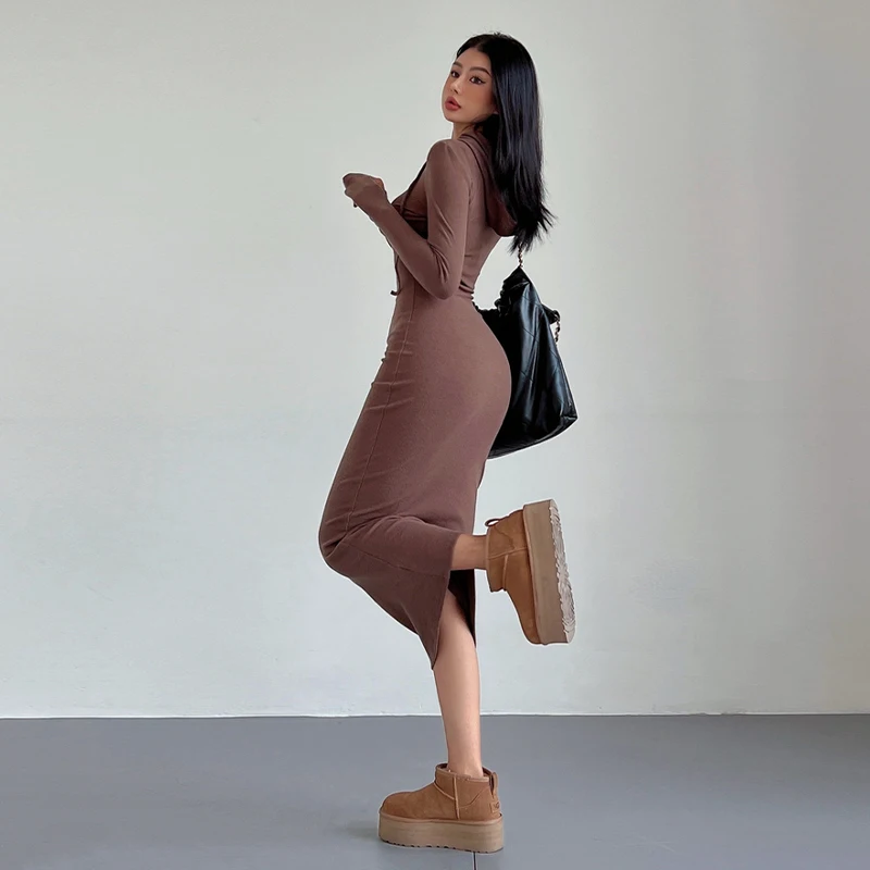 Hooded Midi Dress Women Solid Ins Casual Wrapped Streetwear Vintage Dresses 6