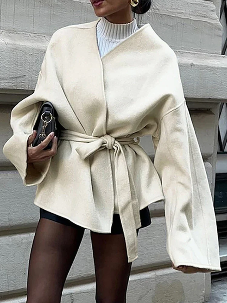 Fashion Solid Lace Up Fleece Coat  Belt For Women Elegant V-neck Long Sleeve Jacket 2024 Autumn Winter New Lady Street Outerwear 4