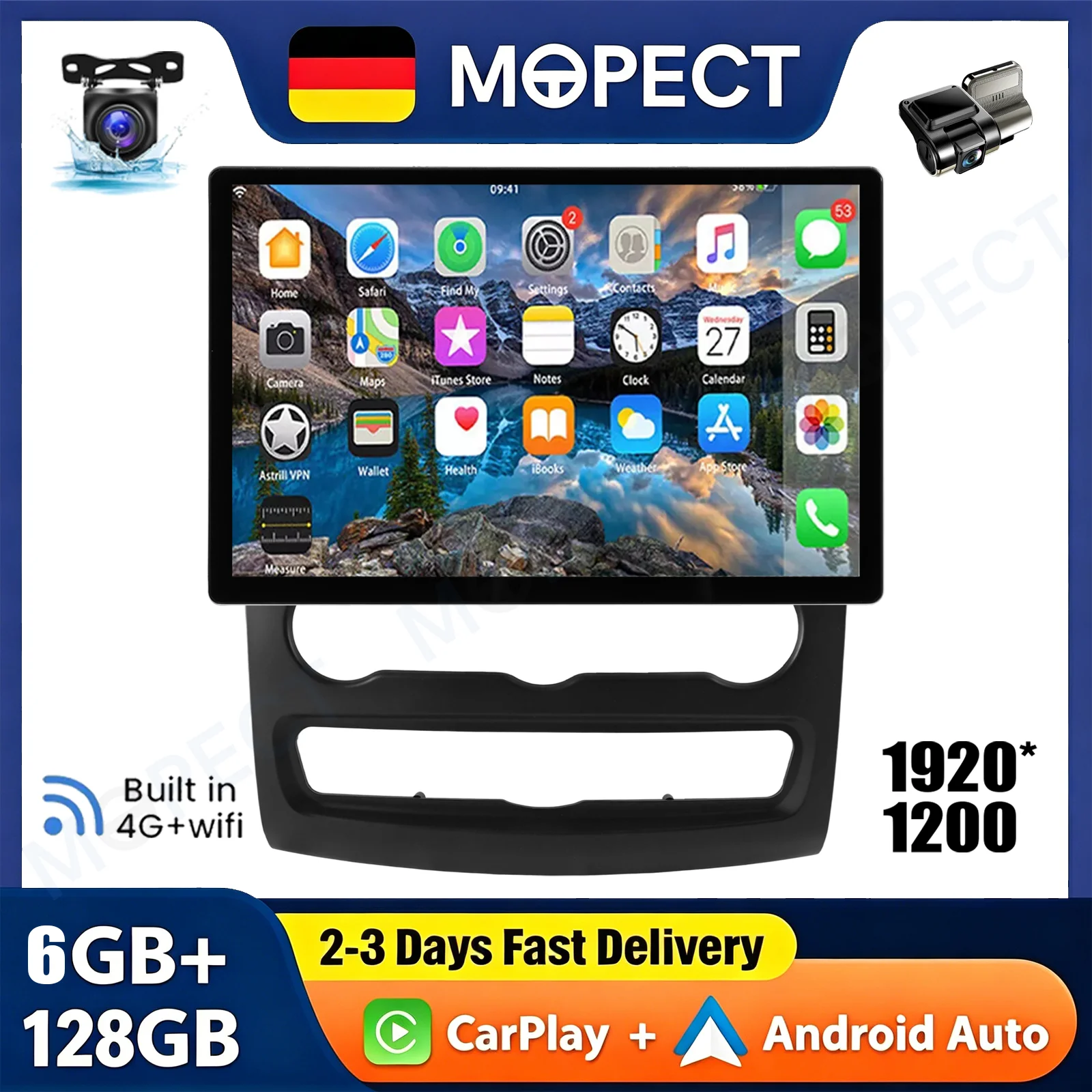 Radio Estéreo para Auto MOPECT de 13.3 Pulgadas, 6+128 GB, para VW Crafter 2006-2011 / Mercedes Sprinter 2006-2017, Android 15, CarPlay, GPS, Navegador, 4G, Pantalla Táctil de 1920*1200, BT+DVR&CAM 1