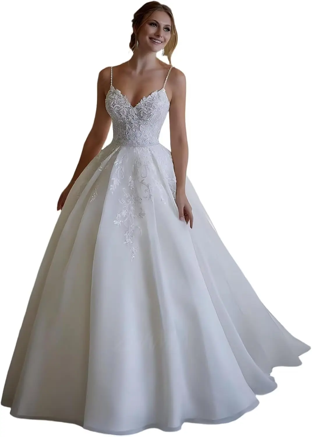 Customized Elegant Spaghetti Straps A Line White Wedding Dresses for Bride V Neck Lace Appliques Backless Bridal Gowns for Women