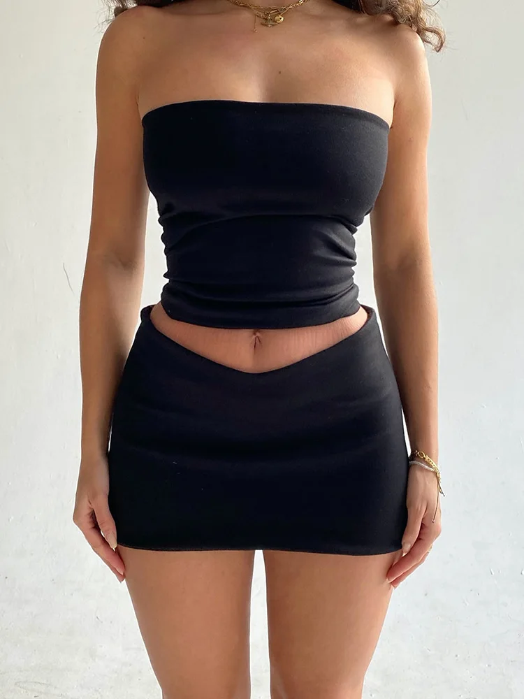 2023 Solid Sleeveless Folds Tube Crop Top Skirts 2 Piece Matching Set Summer Fashion Streetwear Beach Clothing Drop Shipping