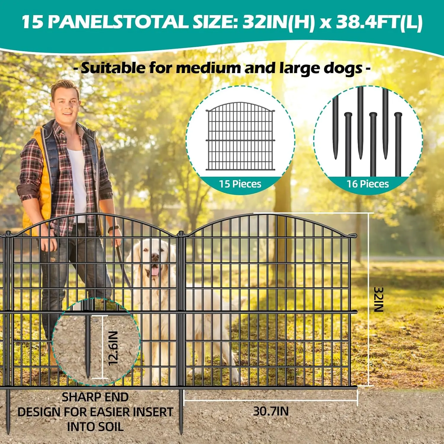 Metal Decorative Garden Fence, 15 Panels 32 in(H) X 38.4ft(L) No Dig Dog Animal Barrier for Patio, Animal Ground Stakes Fencing
