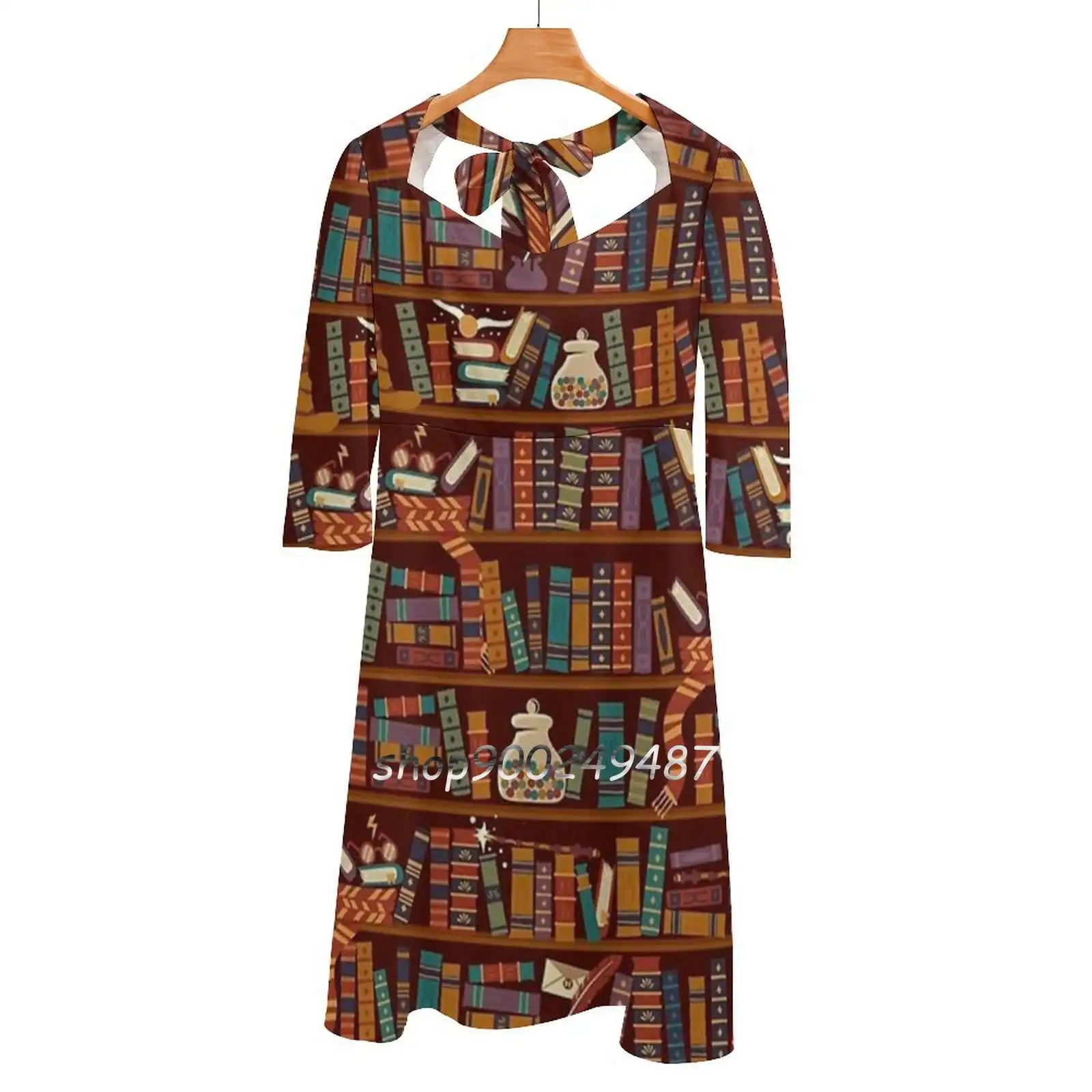 

Book Library Sweetheart Knot Flared Dress Fashion Design Large Size Loose Dress Bookshelf Library Books Book Reading Reader