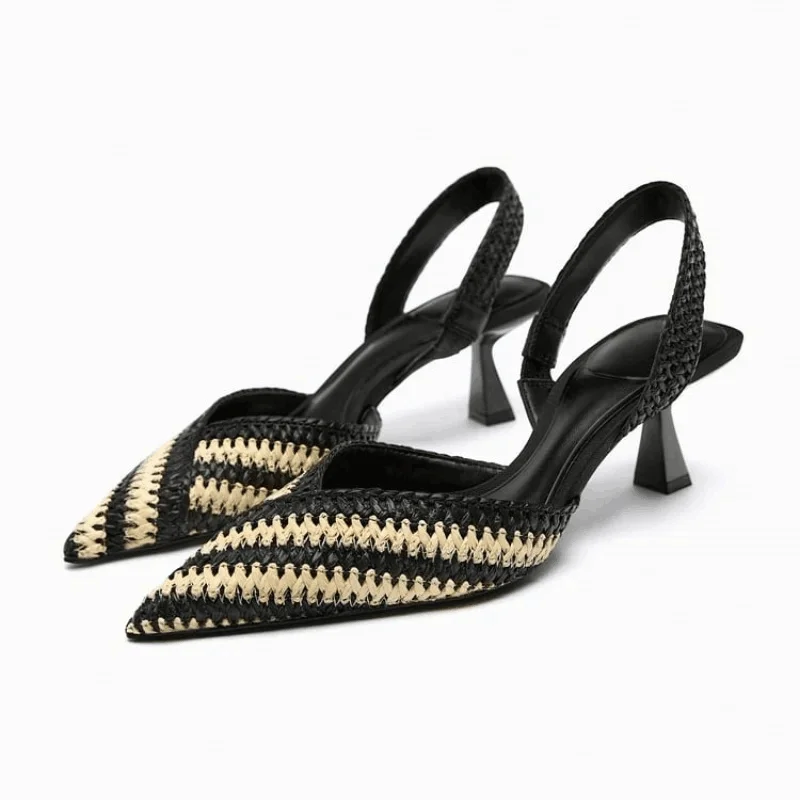 2024 Eleganti Décolleté Da Ballo Donna Sandali Con Cinturino In Tessuto Estate Casual Scarpe Con Tacco A Punta Gattino Chic Slingbacks Tacchi A Spillo