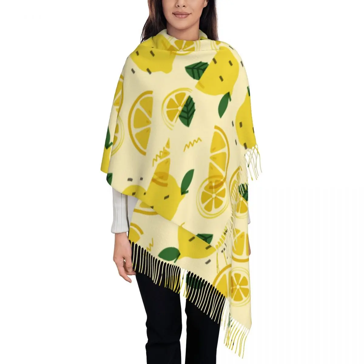 

Womens Scarf Winter Lemon Fruit Thin Warm Cape Wraps Female Bandana Pashmina Long Tassel Female