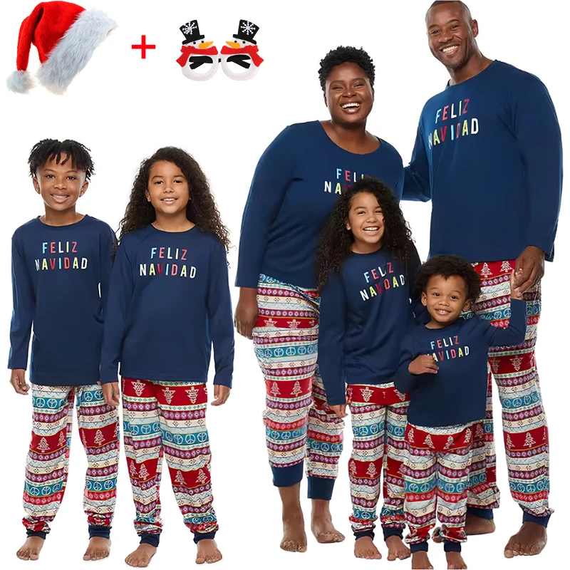 Pijama navideño de algodón a juego para toda la familia, conjunto de camiseta de manga larga con estampado de letras y pantalones retro, pijama navideño para mamá y papá para niños