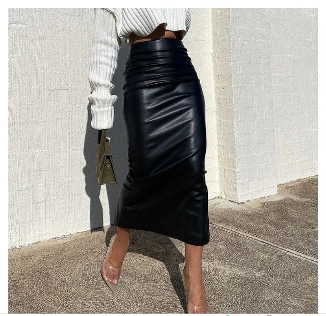 Autumn Women's Fashion New Style Commuter Bright Leather Back Slit Sexy Long Skirt