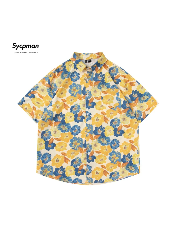 

Sycpman Trendy Retro Floral Full Print Short Sleeved Shirts for Men Loose Hawaiian Shirt Summer Couple Casual Clothing