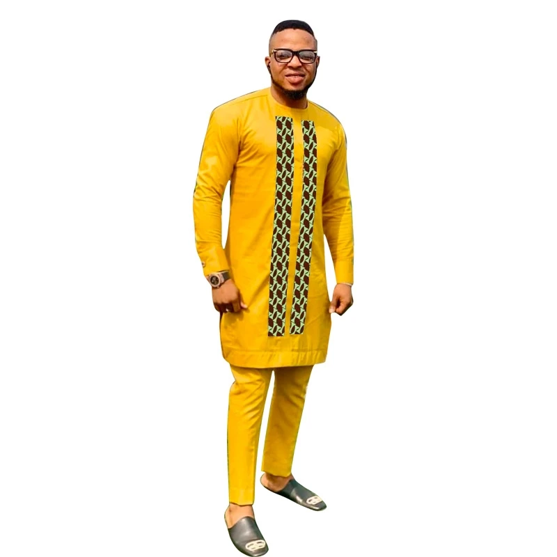

Wax Print/Cotton Patchwork Tops With Pants Yellow Men's Groom Suit Male Party Outfits Custom Made African Wedding Garments