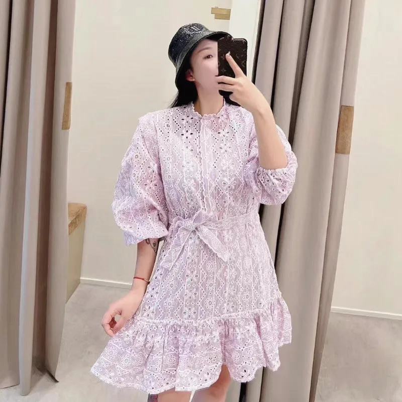 

2024 Early Spring New Ladies Lantern Sleeve Ruffled Trim Lace-Up Waist Sweet Long Robe Women Floral Embroidery Hollow Out Dress