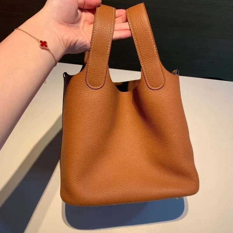 

2024 New Contrast Color Cowhide Bucket Bag Elegant Office Lady All-match Handbags Luxury Genuine Leather Lychee Pattern Purse