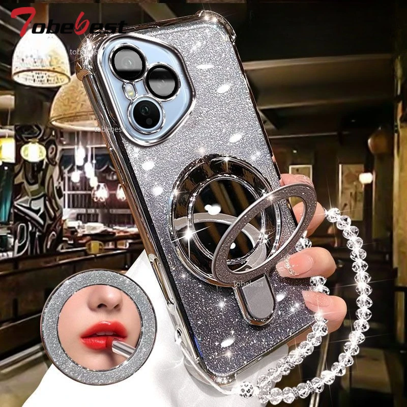 Glitter Plating Mirror Phone Case with Magnetic Holder and Bracelet Cover