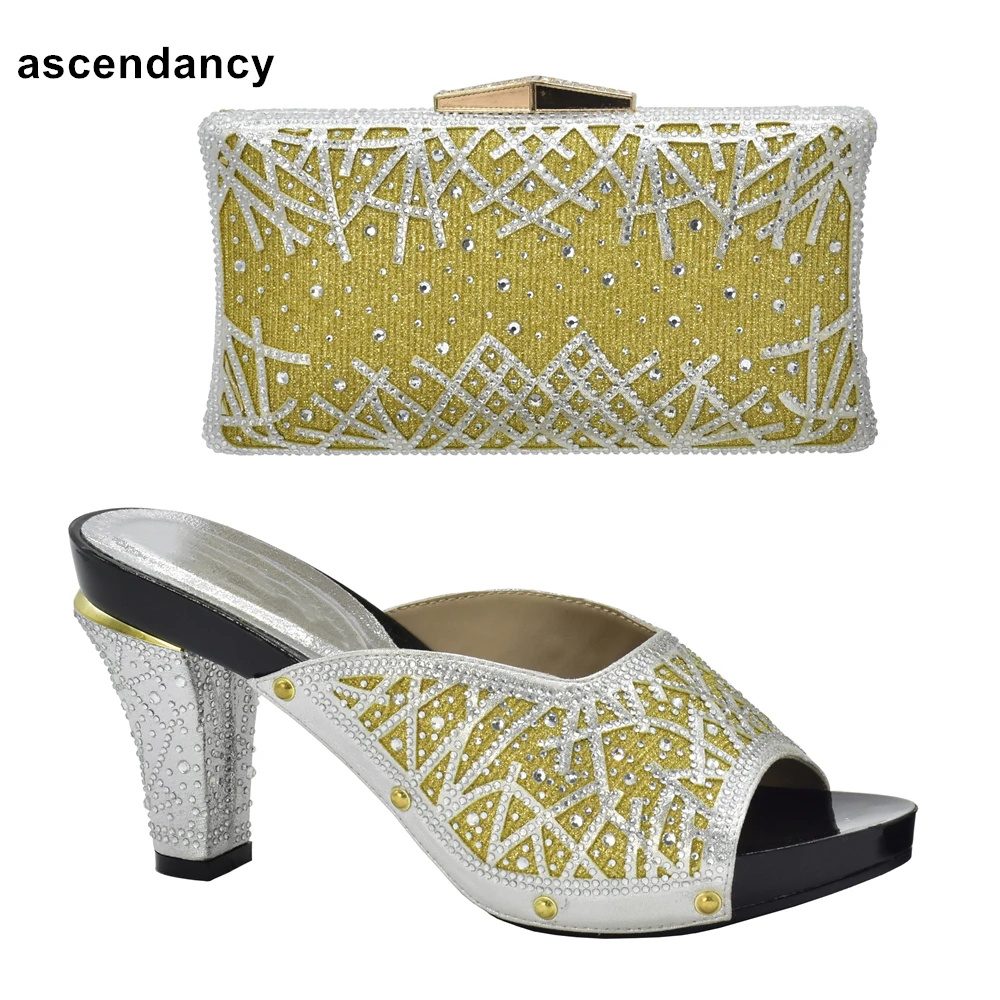 

Italian Shoe and Bag Set for Party In Women Nigerian Women Wedding Shoes and Bag Decprated with Rhinestone Women Shoes High Heel