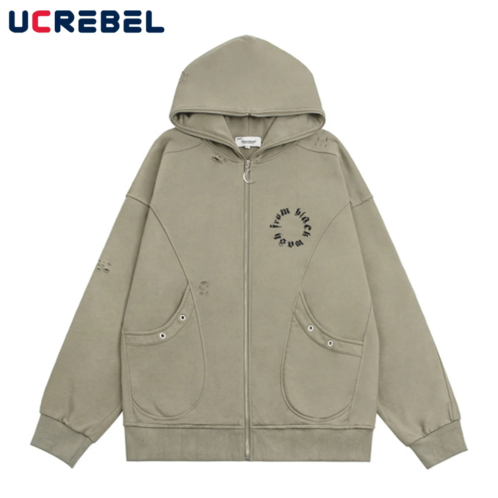 

Streetwear Print Pocket Hooded Sweatshirts Mens Autumn Loose Casual Drop Shoulder Zipper Cardigan Outerwear Men