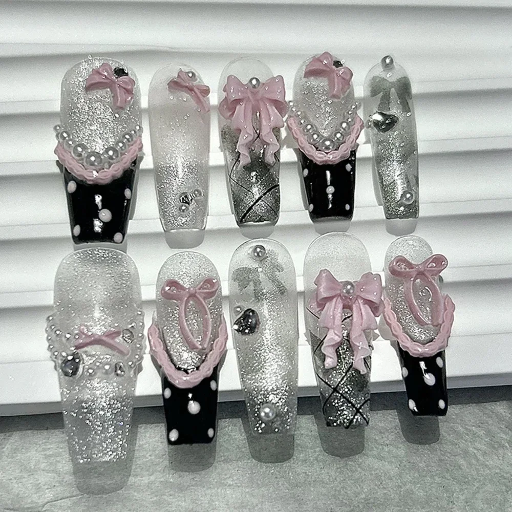 Y2K 블랙 핑크 프렌치 롱 핸드메이드 프레스 온 네일 귀여운 레이스 리본 폴카 도트 보우 네일 아트 스위트 엣지 캣아이 글리터 가짜 손톱 - AliExpress