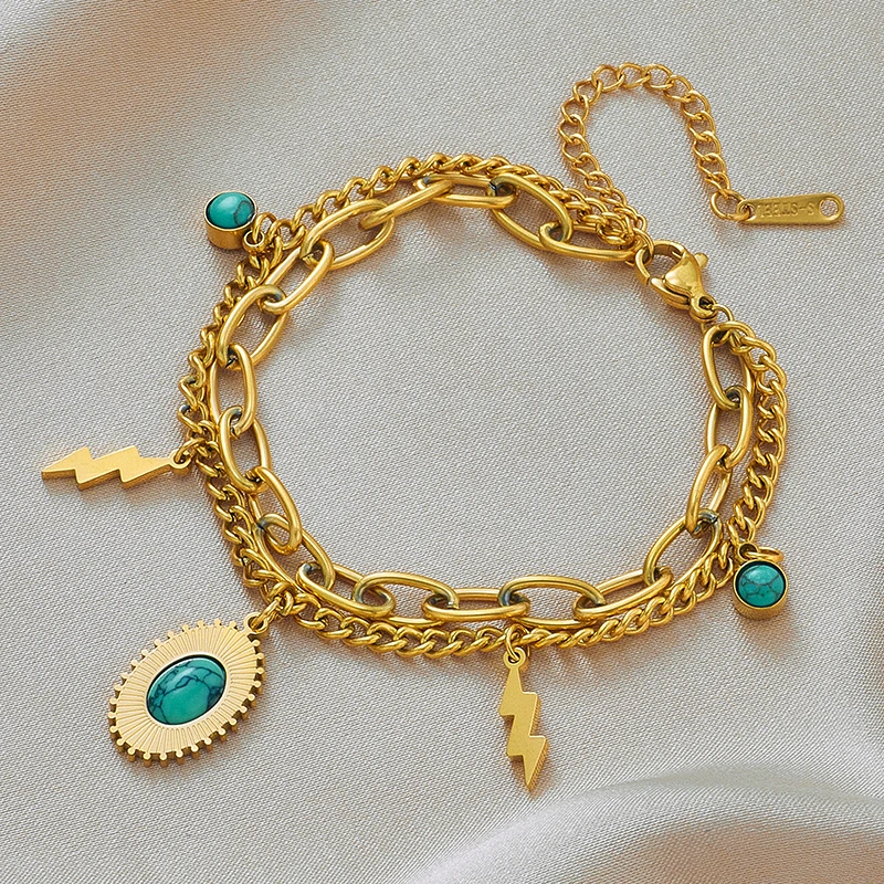 316 Stainless Steel Turquoise Butterfly Star Tassel Multilayer Chain Bracelet for Women stainless steel bracelet