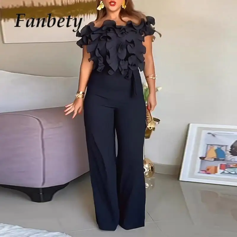 

Club Chic Ruffles Tie-up Full Pants Overall Elegant Women Solid Party Bodysuit Sexy Open Back Sleeveless Straight Long Jumpsuit