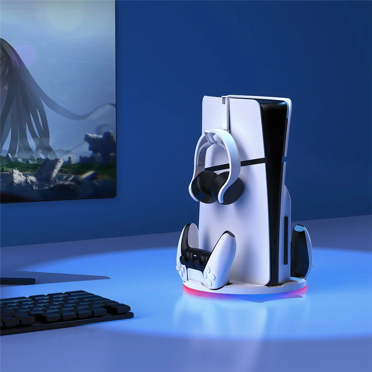 For PS5 slim Console Storage Dock with RBG Light Handle Dock Charger + Hook Multifunctional Convenient Console Dock-ABRJ