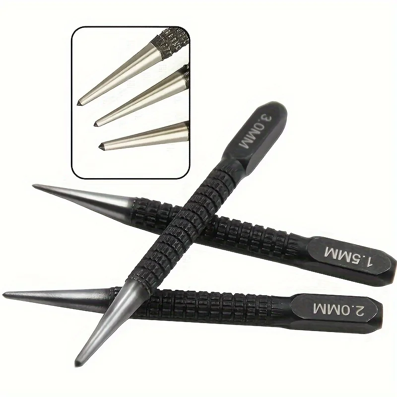 3pcs High-carbon Steel Center Punch Set Non-Slip Center Pin Punch For Drilling Alloy Steel Metal Wood 1.5/ 2 /3mm