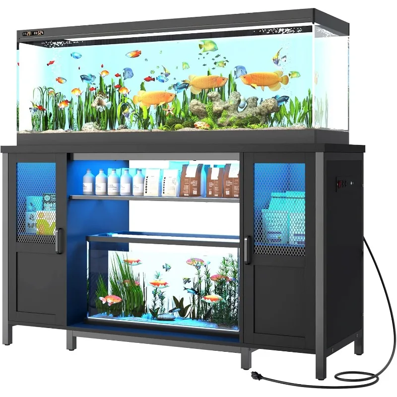 55-75 Gallon Fish Tank Stand with Power Outlet&LED Light, Heavy Duty Metal Aquarium Stand