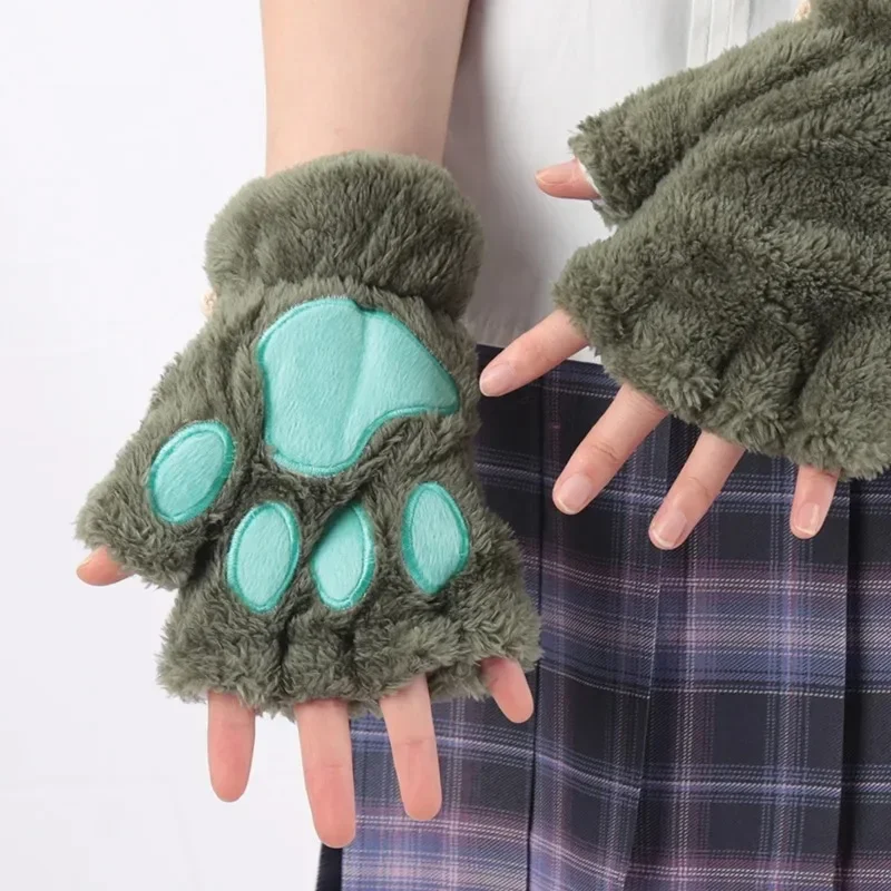 Women Cartoon Cat Claw Gloves Thickened Plush Lovely Style Bear Paw Exposed Fingers Half Winter Mittens Warm Girls Gift Gloves