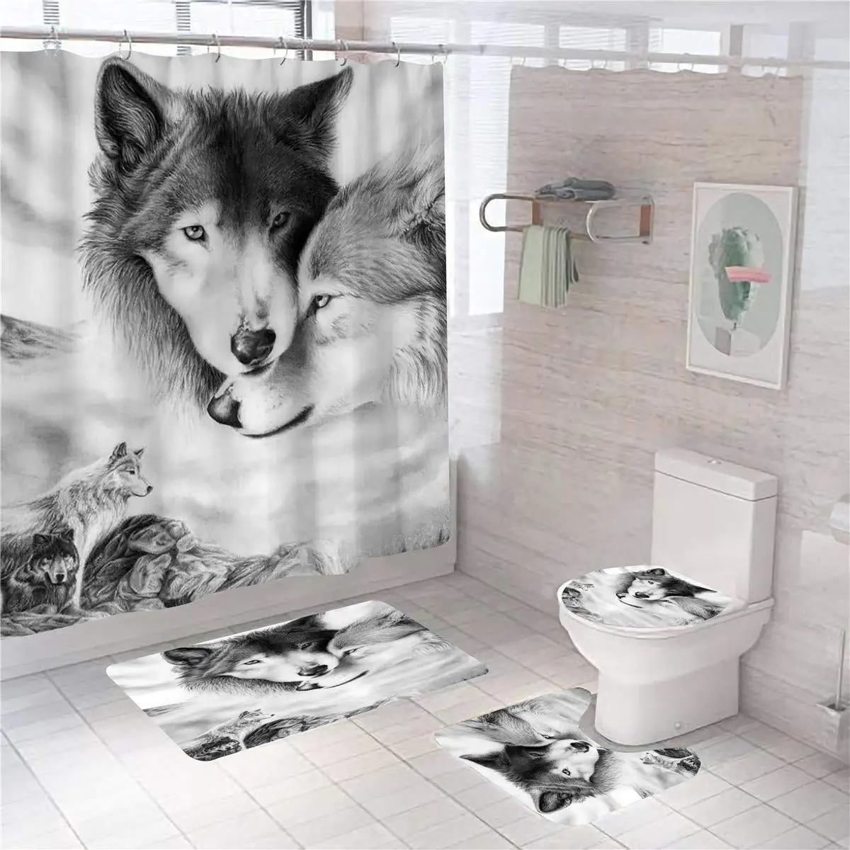 4/3/1 Pcs Bathroom Decor Full Moon Night of Wolf Cool Bathroom Set  Waterproof Shower Curtain Non-Slip Toilet Mat Rugs Set