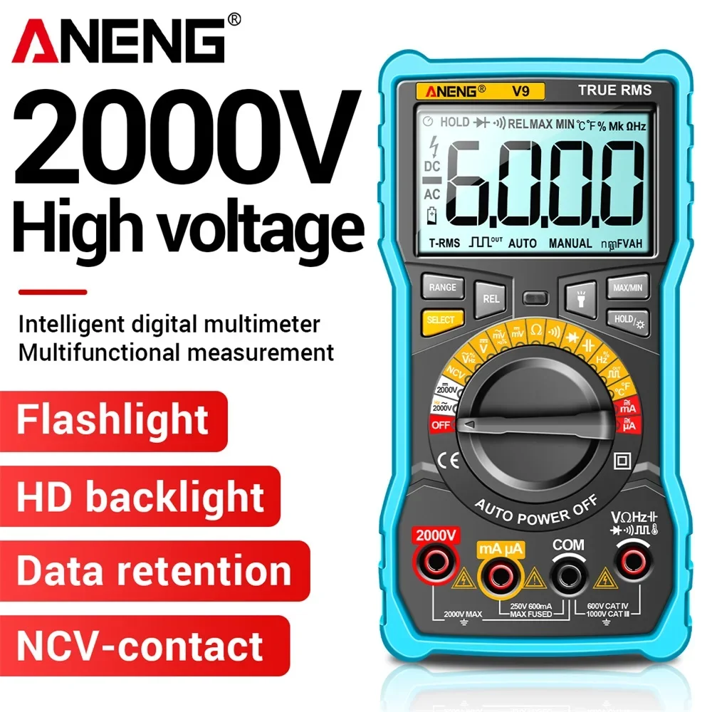 

ANENG V9 Digital Multimeter 6000 Counts 2000V Voltage Test Capacimeter Voltmeter AC/DC Ammeter Electrical Tester Tools