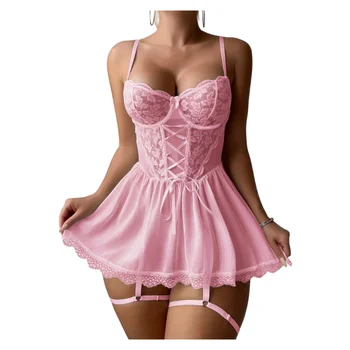 Set di biancheria intima in pizzo con reggiseno aperto, lingerie trasparente con lacci, reggiseno a V profondo, babydoll, set di biancheria intima erotica in rete con giarrettiere da donna