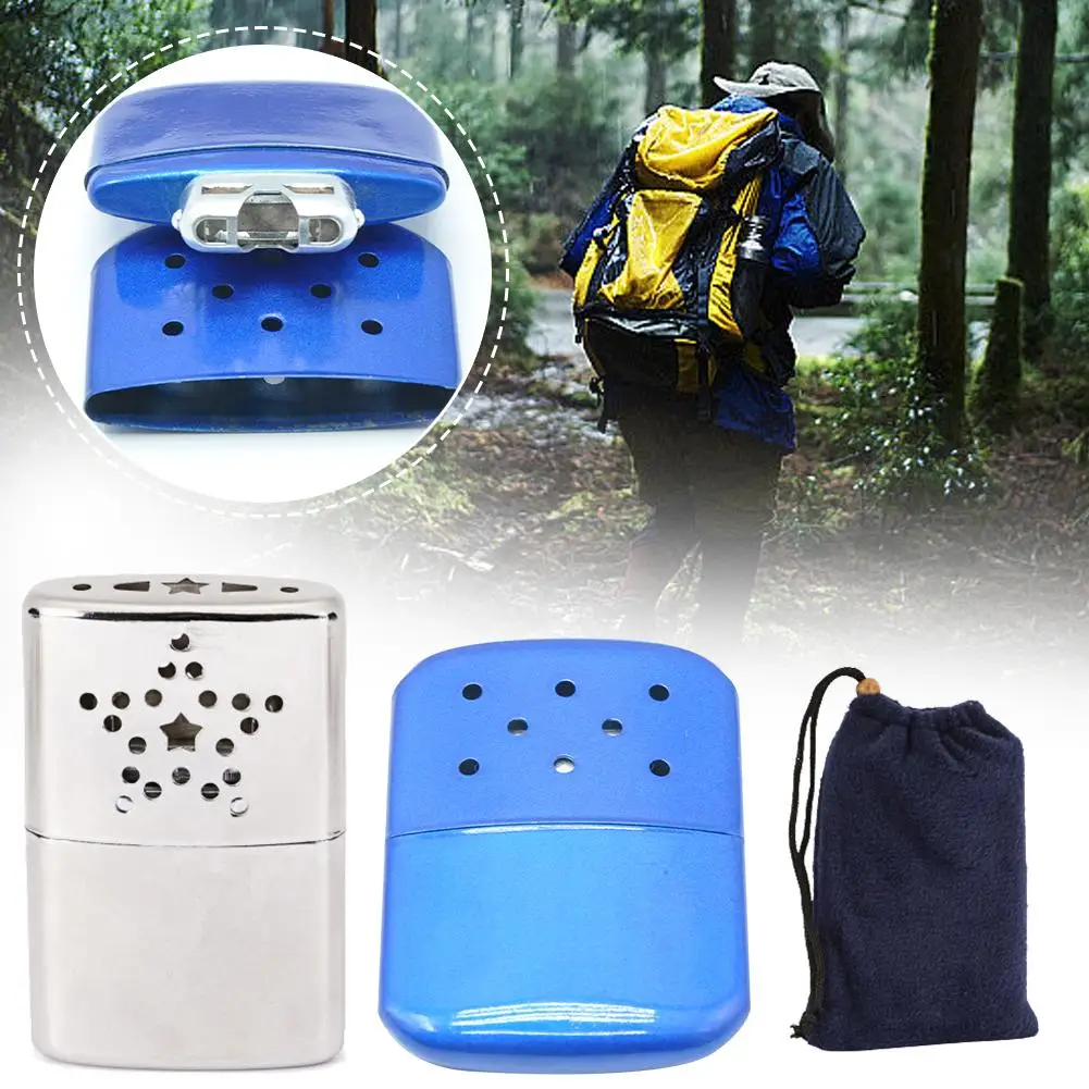 Outdoor Portable Metal Hand Warmer With Pouch For Fishing Camping Hiking Warm Winter Mini Pocket Lightweight Hand Warmer D7O6 jisulife hand warmers usb rechargeable 5400mah 2 in 1 electric portable power bank mini hand warmer for outdoor hand warmth