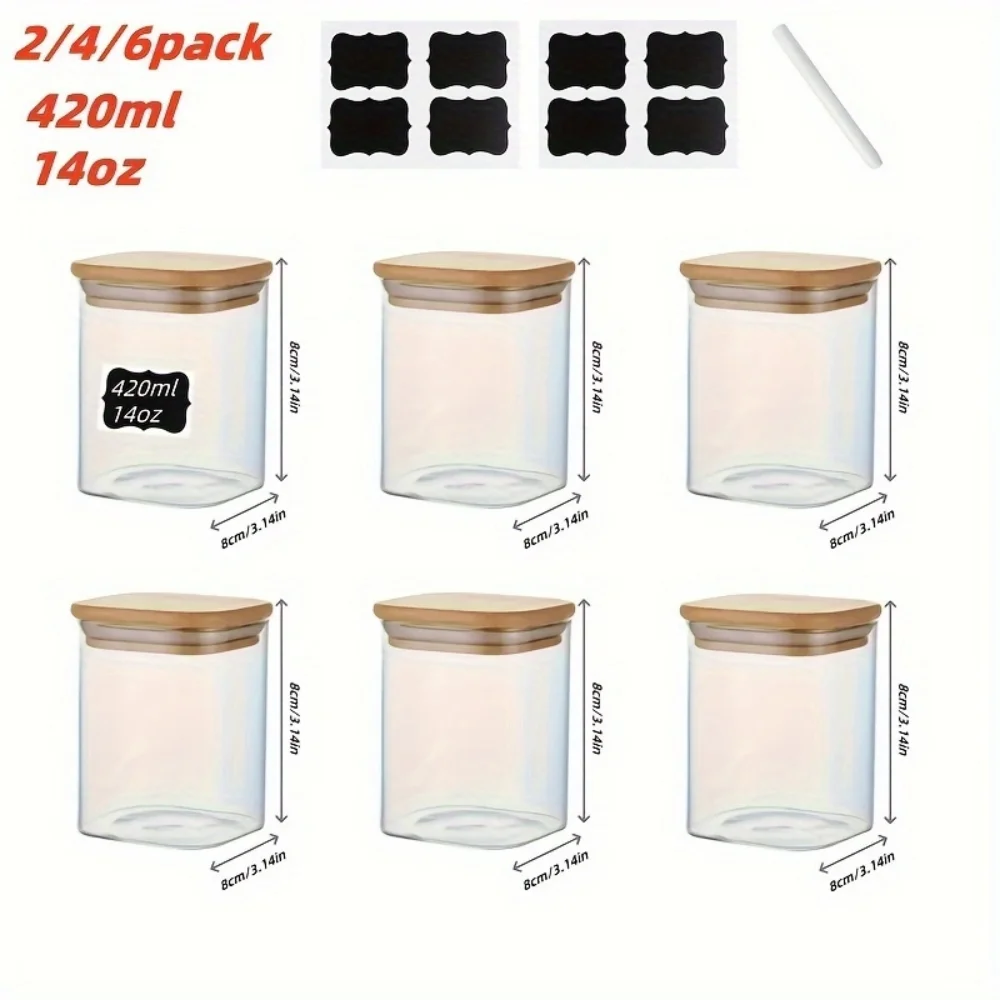 420ml Square Glass Food Storage Tank Kitchen Seasoning Tank 2/4/6-Piece Food Container Set Sealed Bamboo Wood Cover Waterproof Sticker Pen Suitable Pasta Biscuits Nuts Coffee Beans Cereals Bpa Not Included