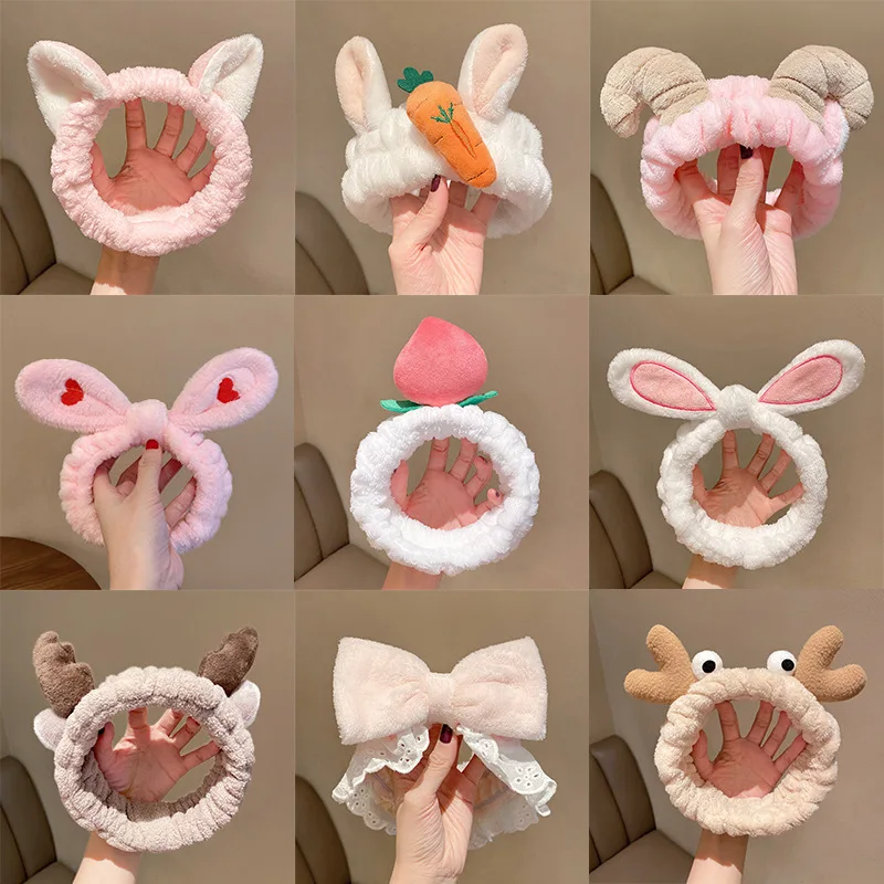 Wash Face Hair Holder Hairbands Soft Warm Coral Fleece Bow Cute Animal Cat Ears Headband For Women Girls Makeup Hair Accessories farm hands animal puppets animal plush puppets for kids reusable animal hand puppets animal toys animal finger puppets for girls