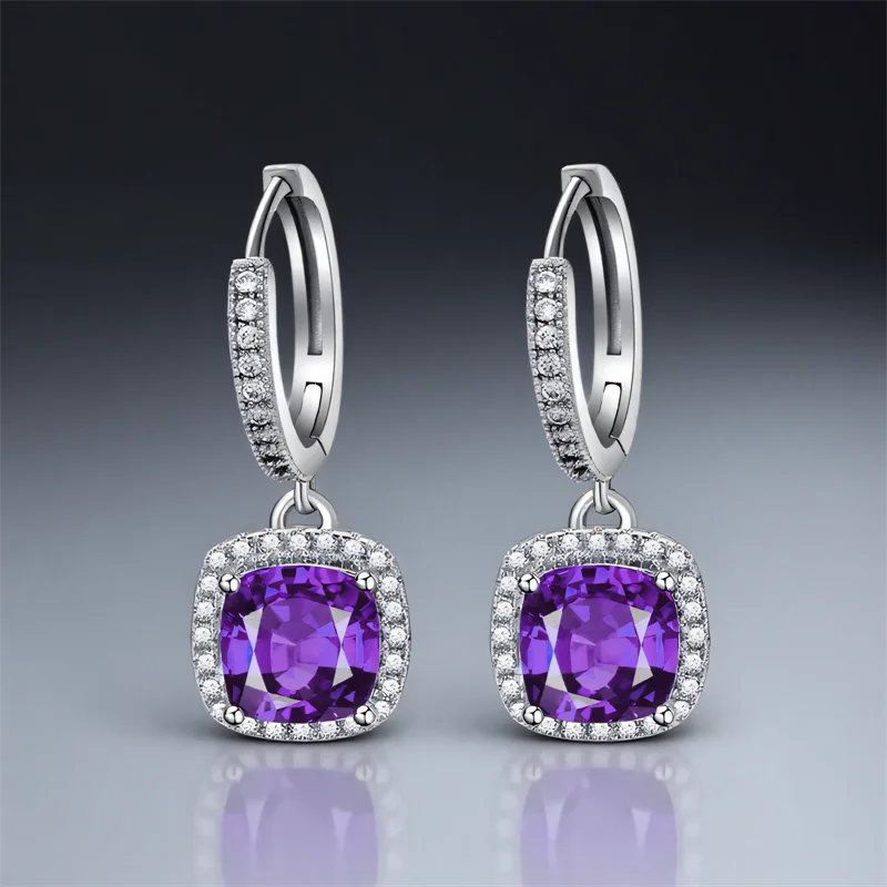 Female Luxury Crystal Aqua Blue Zircon Stone Earrings Cute Small Square Hoop Earrings For Women Silver Color Wedding Jewelry