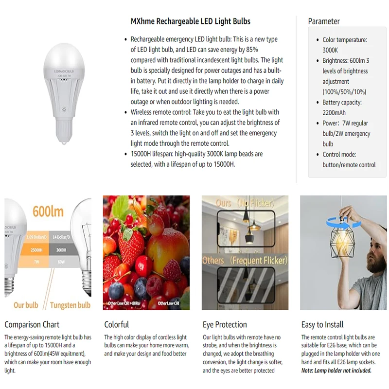 Neue 7W E27 Notfall-Glühbirne, wiederaufladbar, mit Fernbedienung, dimmbare LED-Lampe, Zeltlampe, insekten- und staubdicht – Detail 8